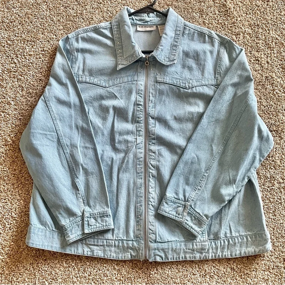 C.D. Daniels Denim Shirt Women’s 1X Blue Zip Up Rhinestone Pockets VTG Cottage